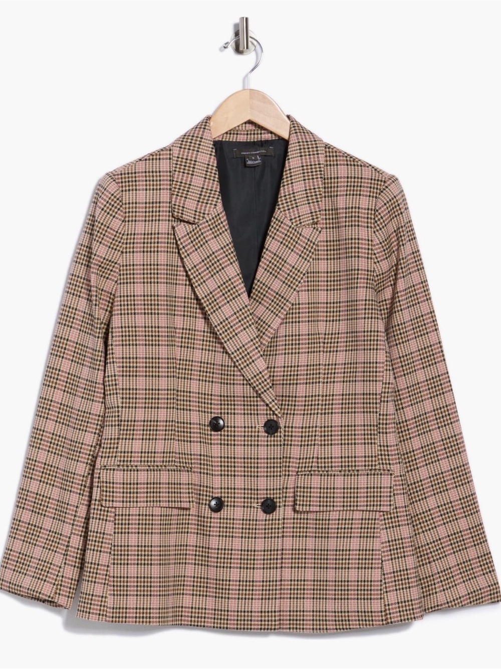 Brand New French Connection Pink and Black Plaid Double-Breasted Blazer